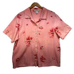 Dressbarn Womens Linen Short Sleeve Button-Up Blouse Size L Floral Pink Coastal